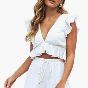2 Pieces V Neck Crop Top Side Slit Drawstring Wide Leg Pants